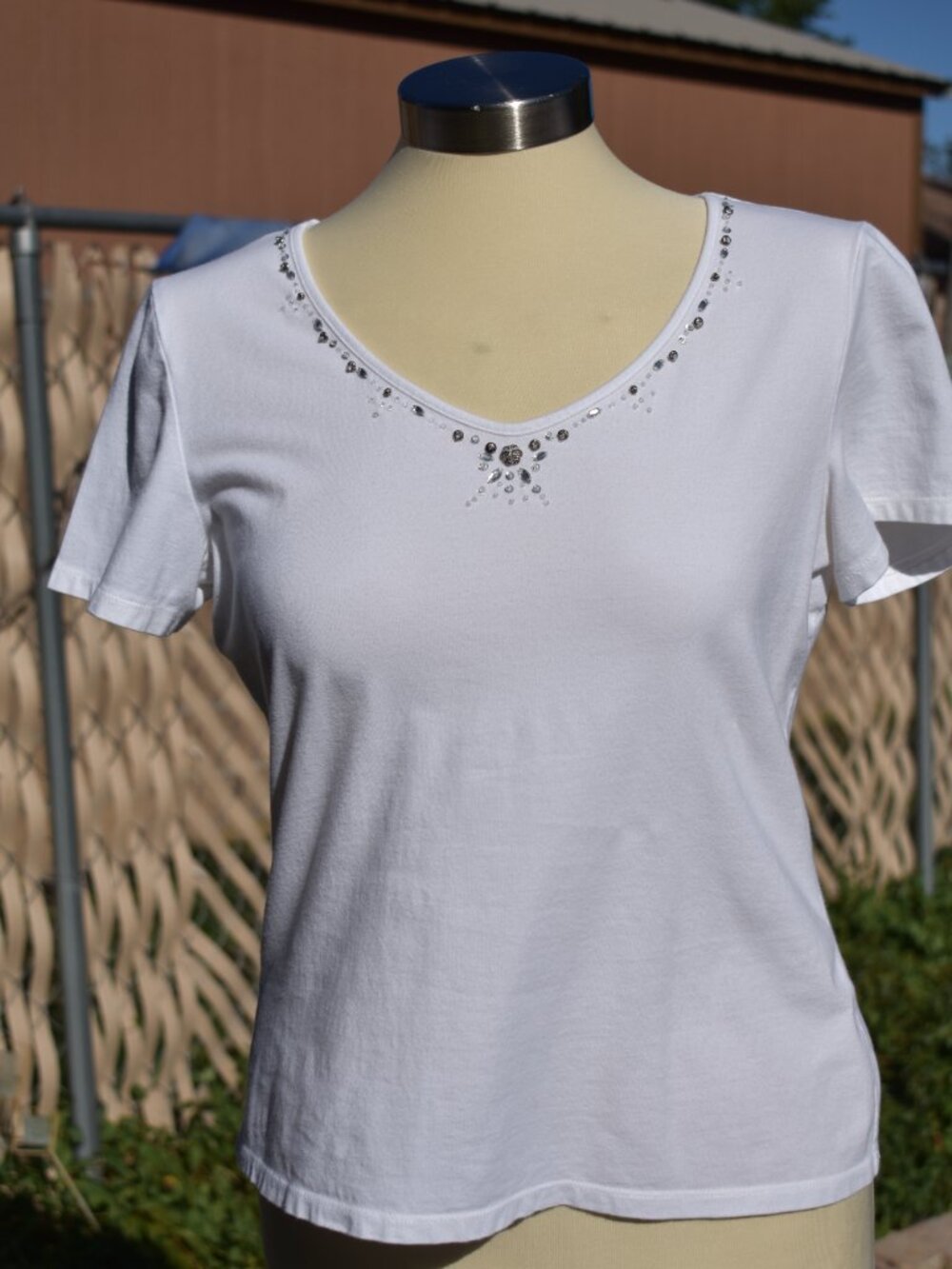 Emma James White Short Sleeve V-Neck Tee with Rhinestone Detail